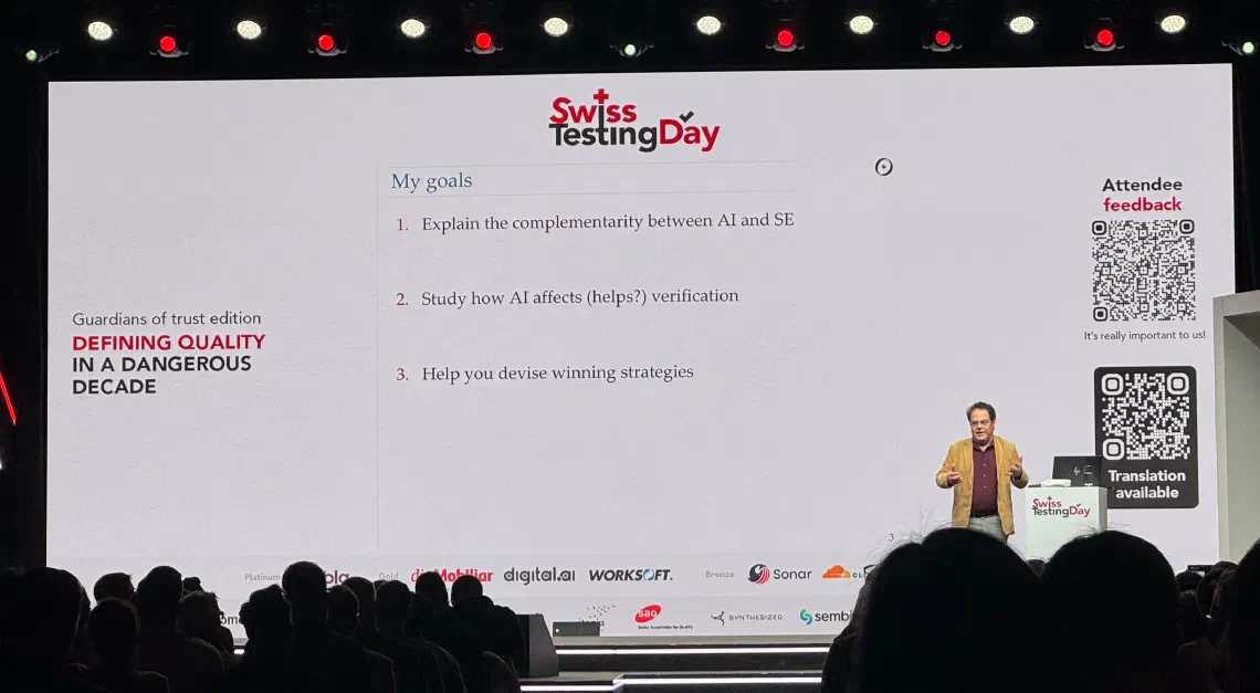 Bertrand Meyer speaking at Swiss Testing Day 2026